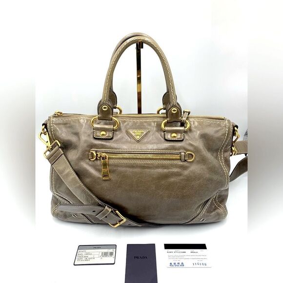 Prada Handbags - Auth PRADA Vitello Shine Bauletto Leather Tote Bag in Pomice Preloved Very Good